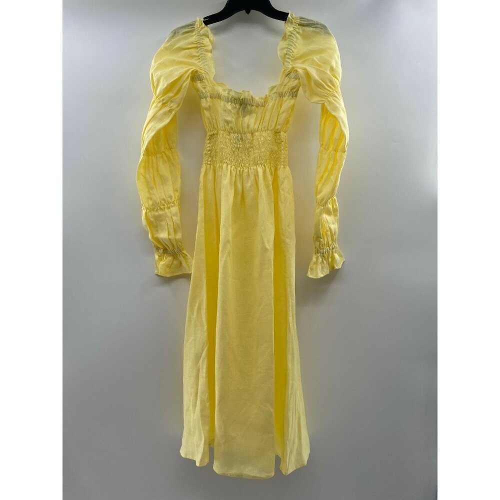 Sleeper Women’s Michelin Linen Midi Dress Lemon Yellow Smocked Puff Sleeve sz L - Picture 9 of 9